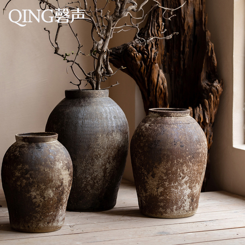 New Chinese-Style Handmade Coarse Pottery Vase, Distressed to Simulate Unearthed Pottery, Vintage-Style Ceramic Tea Room Zen Floor-Standing Old Pottery Jar