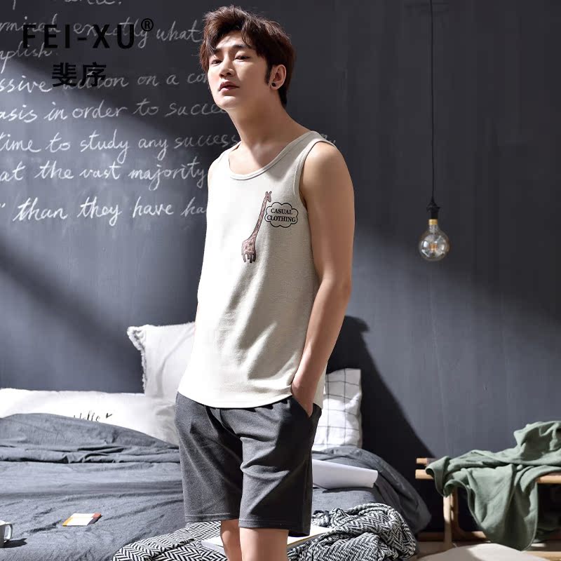 Bộ đồ ngủ mens bông mùa hè vest tăng ngẫu nhiên kích thước của thanh niên quần short bông hai mảnh bộ mùa hè đàn ông quần áo về nhà.