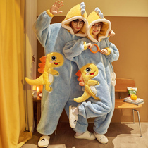 Conjoined Lovers Pyjamas Women Autumn Winter Style Coral Suede Cap Thickened Flannel Men Dinosaur Winter Home Clothing