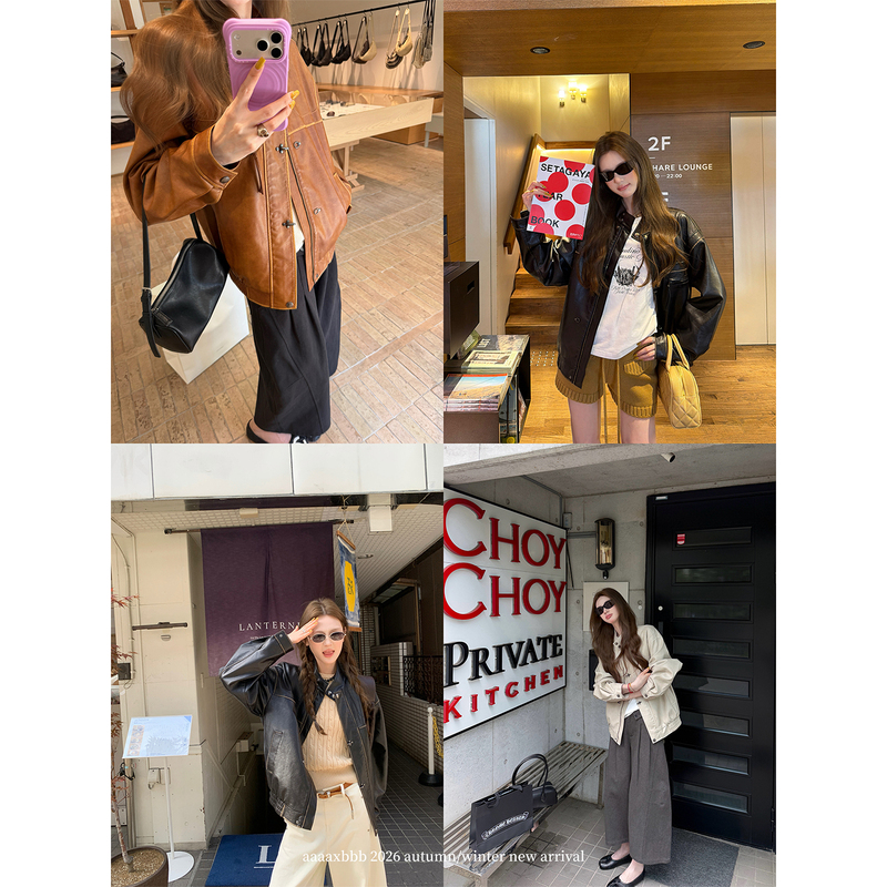 Aaaaxbbb Knight Game Retro Leather Jacket with Stand Collar, Hook Fasteners, Distressed Loose Short Coat