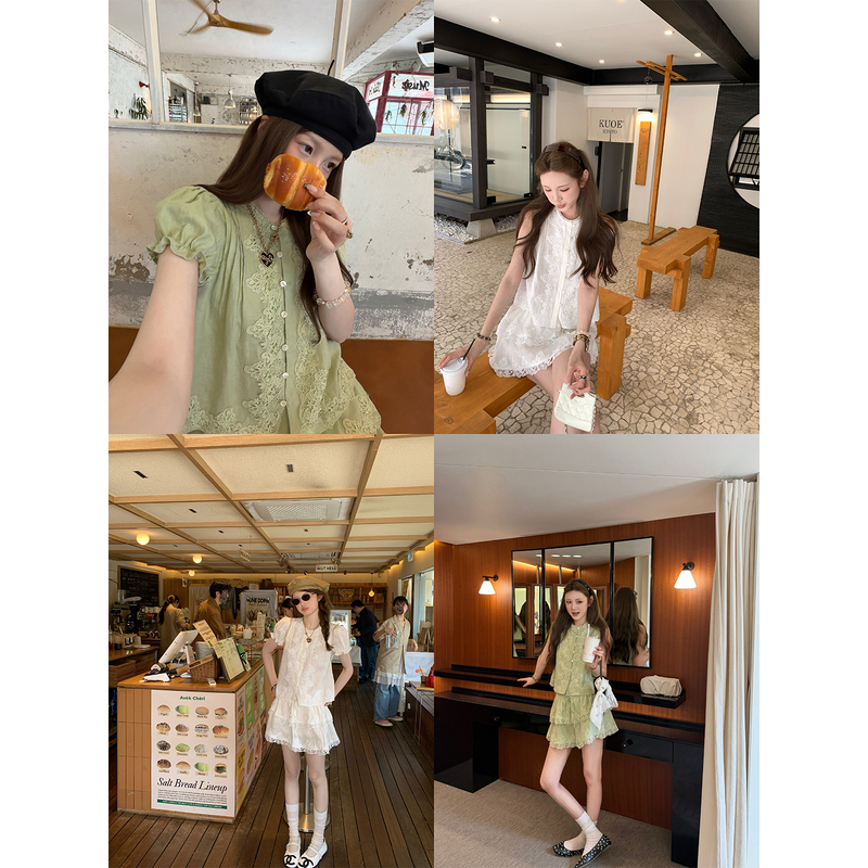 Aaaaxbbb Sage Special Edition Hollow Lace Linen Set Puff Sleeve Top Sleeveless Shirt Short Skirt Aaaaxbbb Sage Special Edition Hollow Lace Linen Set Puff Sleeve Top Sleeveless Shirt Short Skirt