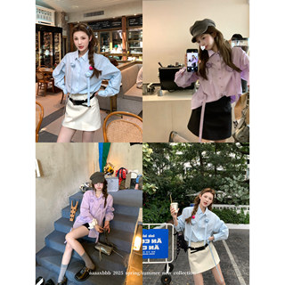 aaaaxbbb 首尔私家花园 全棉订花紫/蓝色衬衫立体层次长袖上衣女