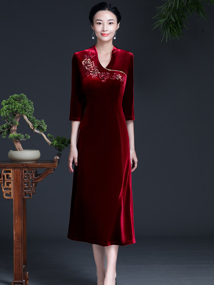 Happy mother-in-law wedding autumn dress foreign style large size dress young temperament mother-in-law wedding mother dress cheongsam skirt