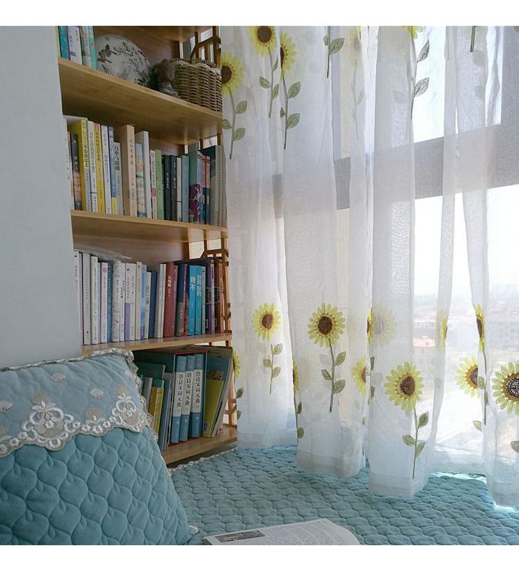 Mục vụ thêu hoa hướng dương nhỏ tươi lưới phòng khách màu đỏ phòng ngủ cửa sổ tùy chỉnh rèm cửa sổ rèm phòng Han đấm miễn phí - Phụ kiện rèm cửa thanh treo rèm cửa uốn cong