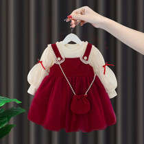 Girls red dress gauze skirt baby girl one year old baby dress long-sleeved spring and autumn princess dress baby autumn dress