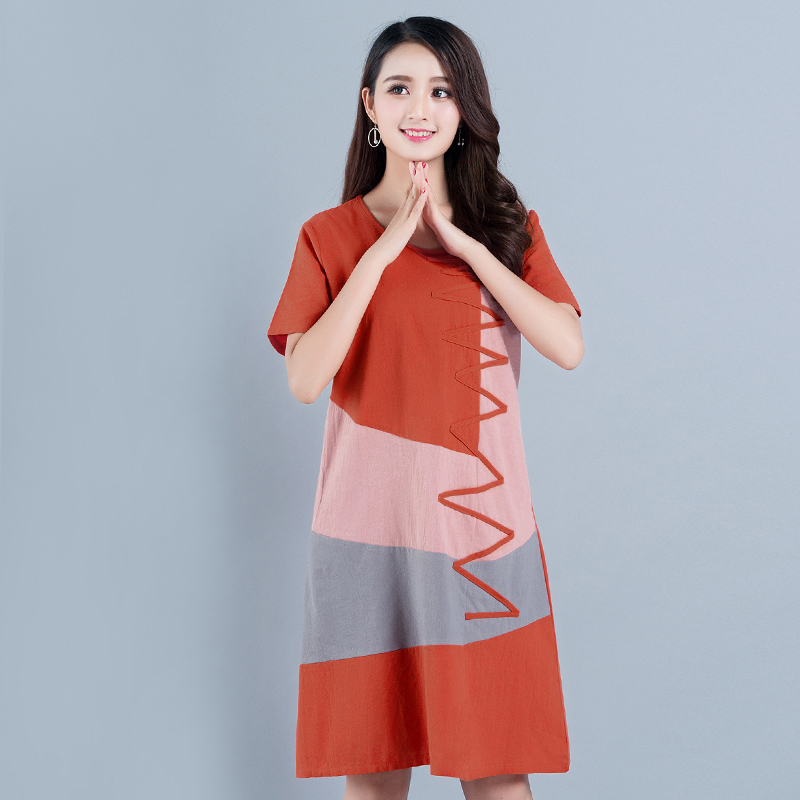 Mùa hè 2016 mới phong cách quốc gia kích thước lớn của phụ nữ lỏng lẻo phần dài bằng vải lanh và vải lanh tay ngắn váy nữ mẫu đầm đẹp