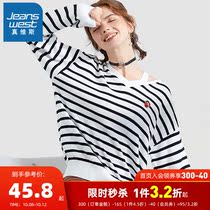 True Vesse Knit Womens Spring and Autumn Womens Casual Long Sleeve Thin Loose V-neck Striped Casual Sweater