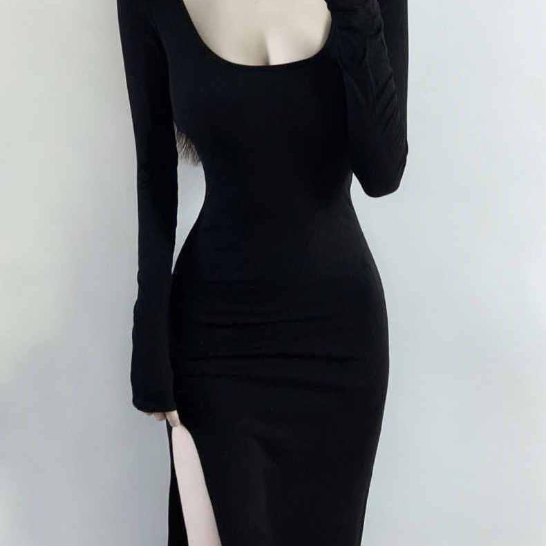 Spring and Autumn New Style Hot Girl Slim Fit Bodycon Tight Base Layer Spliced Slit Mid-Length Long Sleeve Stretch Dress Spring and Autumn New Style Hot Girl Slim Fit Bodycon Tight Base Layer Spliced Slit Mid-Length Long Sleeve Stretch Dress