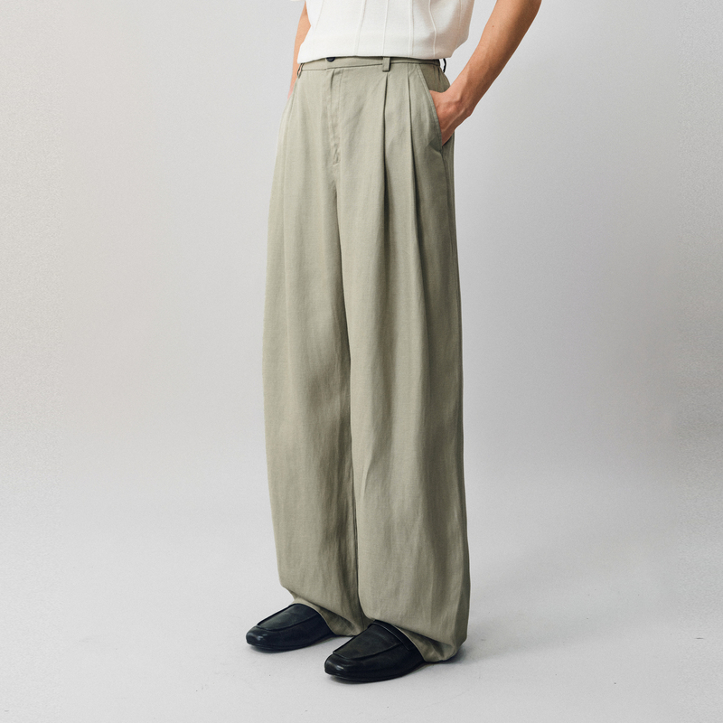 「Wax Light Linen」Linen-Feel Double-Pleated Curved Knife-Cut Casual Pants Nonradical 「Wax Light Linen」Linen-Feel Double-Pleated Curved Knife-Cut Casual Pants Nonradical