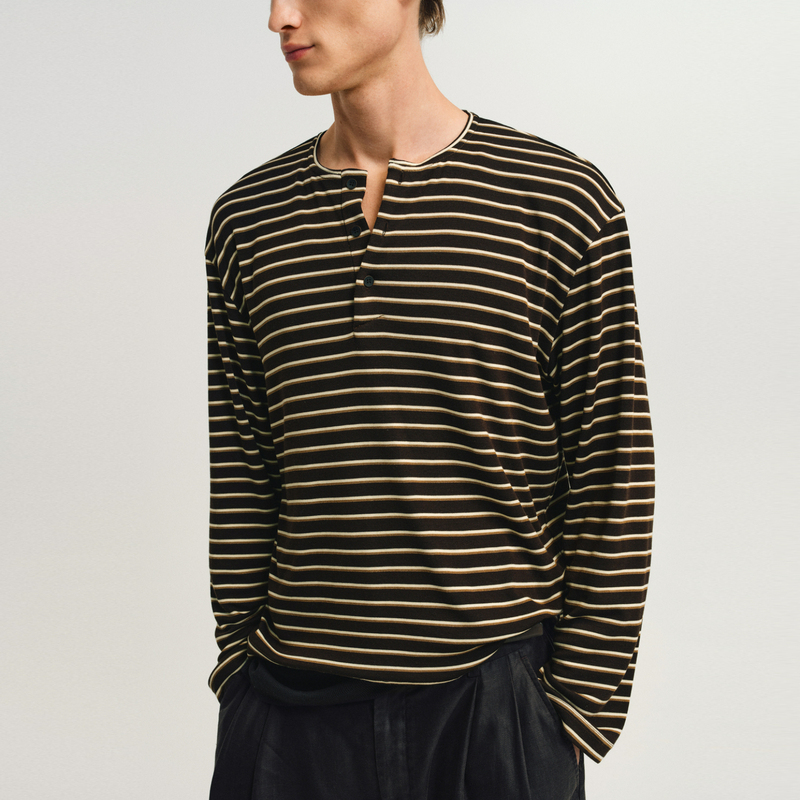 Wool Blend Tencel Wool Striped Henley Collar Knit Long-Sleeve T-Shirt Nonradical Wool Blend Tencel Wool Striped Henley Collar Knit Long-Sleeve T-Shirt Nonradical