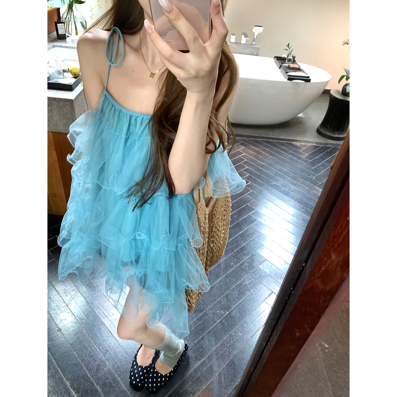 Xxiiuu【Sea Salt Blues】Ready Stock Light Sweet Style Puffy Mesh Camisole for Women, Summer Slim Fit Top