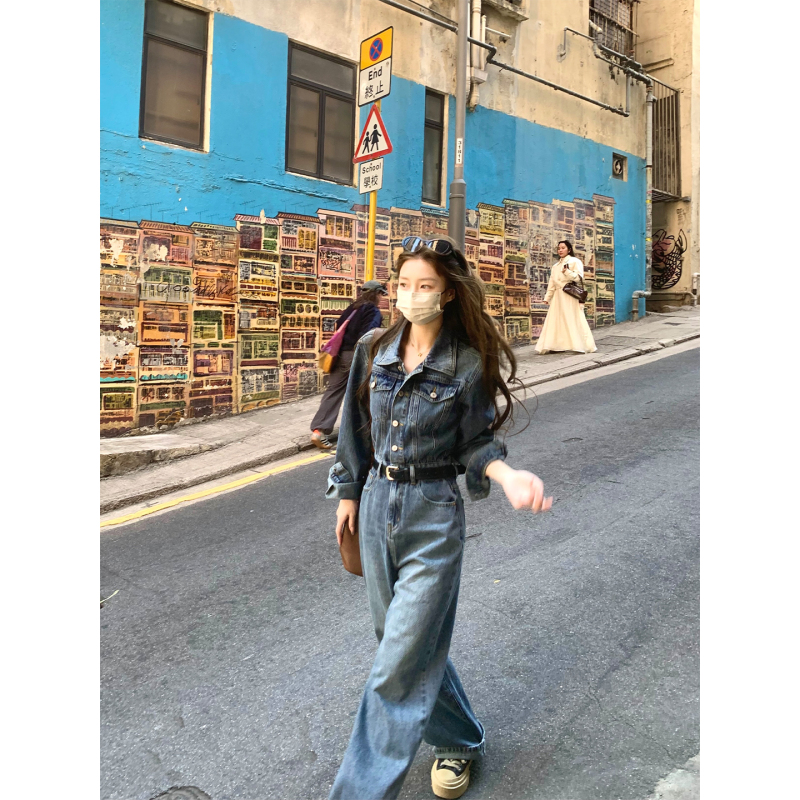 Xxiiuu 【In Stock】 2026 Spring/Summer Vintage Denim Jumpsuit for Women Versatile Long Pants Loose Jumpsuit