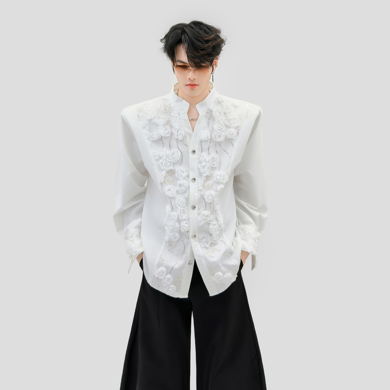 Palace-Style White Three-Dimensional Rose Flower Shirt for Men with Sequin Embroidery, V-Neck, Shoulder Pads, and a Stylish Design Palace-Style White Three-Dimensional Rose Flower Shirt for Men with Sequin Embroidery, V-Neck, Shoulder Pads, and a Stylish Design