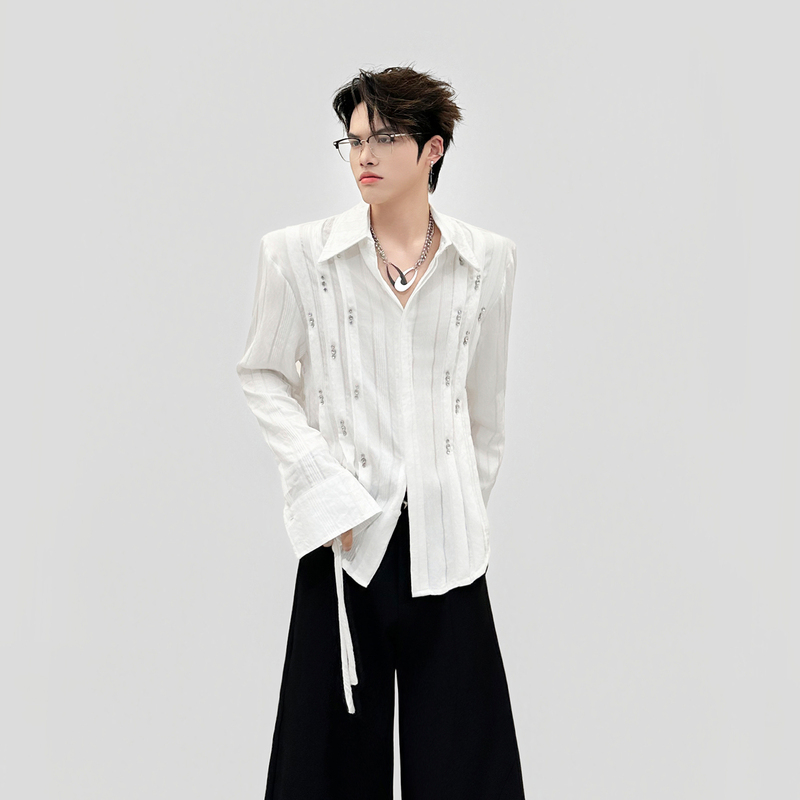 Original High-End Textured Ribbon White Shirt for Men with a Luxurious and Unique Design Featuring Rhinestone Embellishments Original High-End Textured Ribbon White Shirt for Men with a Luxurious and Unique Design Featuring Rhinestone Embellishments