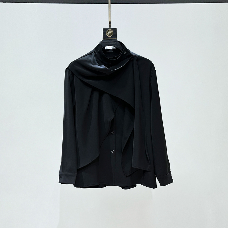 Jiajia's Original New Design Irregular Patchwork Ribbon Shirt Niche Stand-Up Collar Long-Sleeve Shirt Deconstructed Top