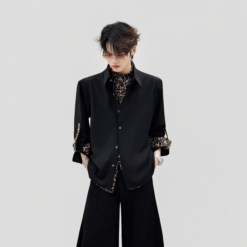 Trendy/Unique Leopard Print Patchwork Fake Two-Piece Long Sleeve Shirt for Men, High-End Layered Shirt Jacket, Loose Fit