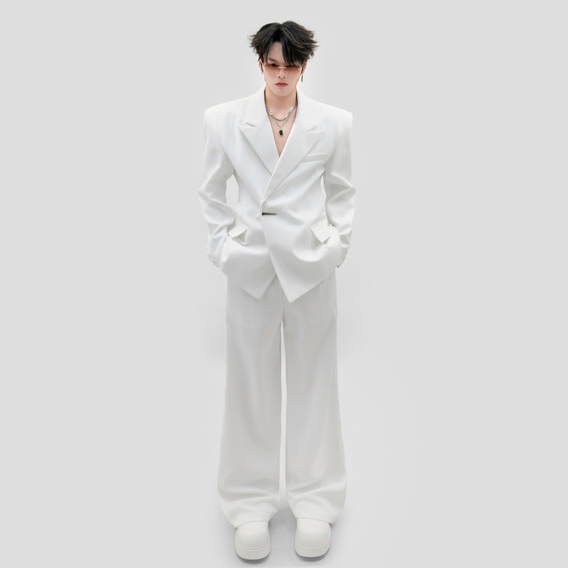 Xu Shangfeng/Simple White Long-Sleeved Suit Set for Men, Loose Silhouette, Waist-Cinching, Shoulder-Padded Blazer, Two-Piece Set