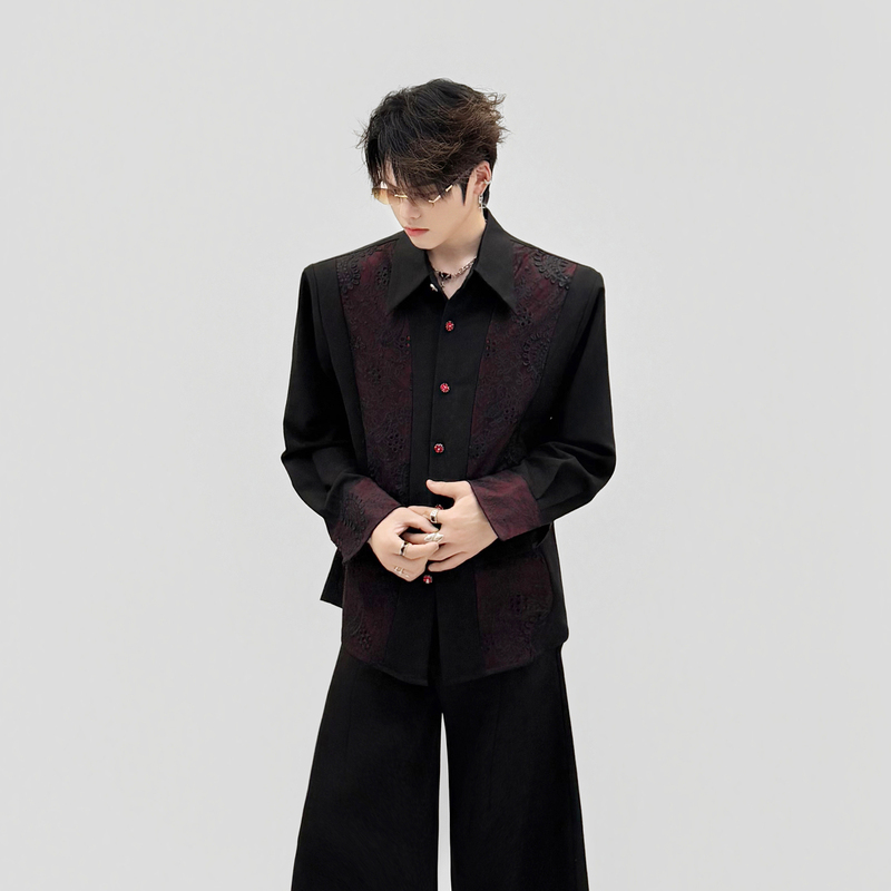 High-End Black and Red Lace Patchwork Long-Sleeve Shirt for Men, Trendy Embroidered Shirt, Loose Shoulder-Padded Top