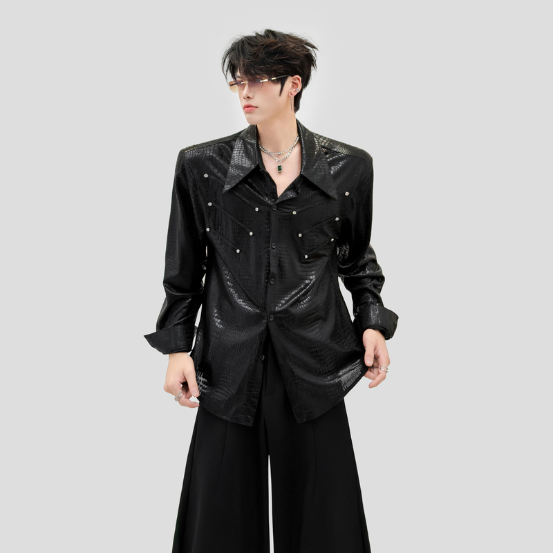 Textured Shirt for Men with High-End Leather Texture, Studded Black Shirt, Cool and Stylish, Padded Shoulders, Long Sleeves, Wrinkle-Resistant Shirt