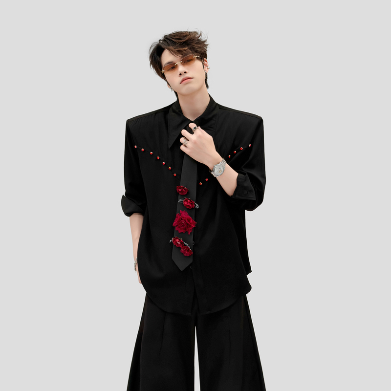 Trendy/Unique Western-Style Rhinestone-Embellished Long-Sleeve Shirt for Men with Fashionable Three-Dimensional Rose Tie and Shoulder Pads Casual Shirt Trendy/Unique Western-Style Rhinestone-Embellished Long-Sleeve Shirt for Men with Fashionable Three-Dimensional Rose Tie and Shoulder Pads Casual Shirt
