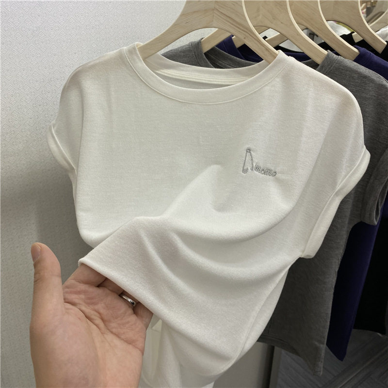 Euroletter Embroidery Thin style breathable half-sleeve T-shirt woman 2022 summer fit new loose 100 Lapped Foreign Blouse Tide