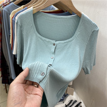 Square collar collarbone high waist short thin knitted cardigan womens 2021 spring and summer new pit slim short sleeve T-shirt top