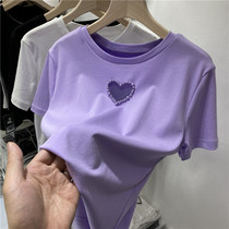 Eurocargo Sweet Pearl Mesh Yarn Splicing Hollowed-out Mesh Yarn Loving Short Sleeve T-shirt Woman 2022 Summer New Compassionate Blouse