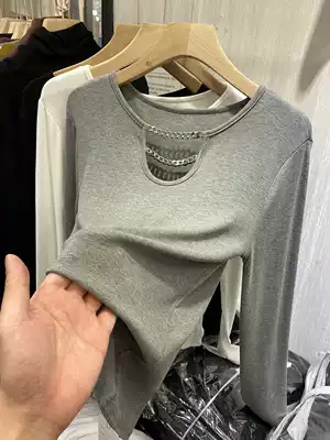 European goods hollow chain open chest threaded long-sleeved T-shirt women's 2021 autumn new inner bottoming shirt Western style top