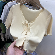 Hipster wooden ear drawstring thread short sleeve T-shirt female 2021 summer new short high waist shirt coat tide