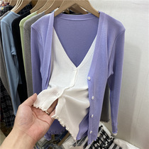 V Collar Agaric Side Thin Ice Silk Knit Cardiovert Leave Two Sets Women 2022 Spring Autumn New Foreign Air Jacket Blouse Tide