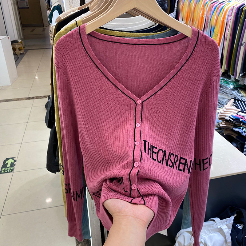 Europroduct Design Sensation Letter V Collar Long Sleeve Knit Cardigan Blouse Women 2021 Early Fall New Slim Sweater Jacket-Taobao