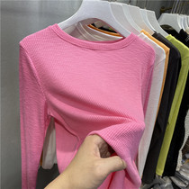 European goods round neck slub cotton long-sleeved T-shirt womens 2021 spring new wild bright color inner tie base small shirt top