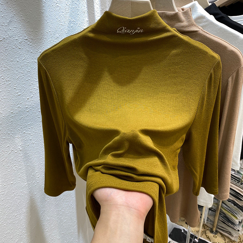 Europroduct Design Sensation Alphabet Embroidered Semi-High Collar Thread Middle Sleeve T-shirt Woman 2021 Early autumn new undershirt blouses