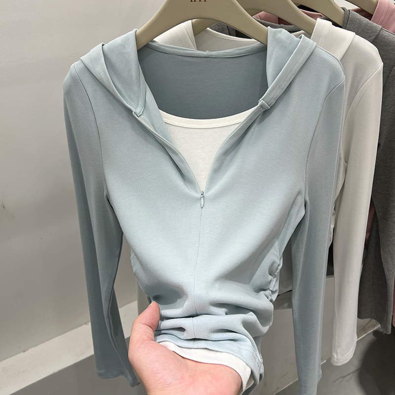 デザインプリーツ裾ステッチフェイクツーピース長袖Tシャツパーカーレディース2025早春新作スモールシャツトップ