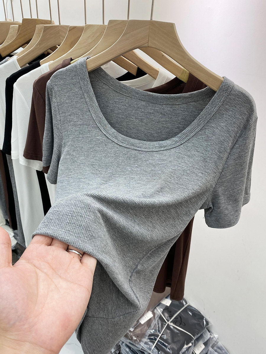 European goods wild thread short-sleeved T-shirt women's 2021 summer new low round neck exposed clavicle inner tie base shirt thin top