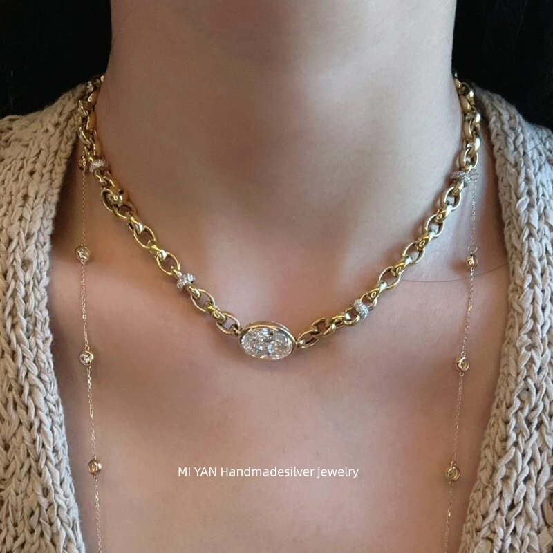 Vintage European and American Style Necklace with Moissanite and Rhinestones, Light Luxury Sweater Chain for Women