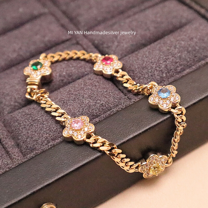 Ancient Style Colorful Small Flower Bracelet, Elegant Enamel Bracelet, 925 Silver Gold-Plated Birthday Gift for Women
