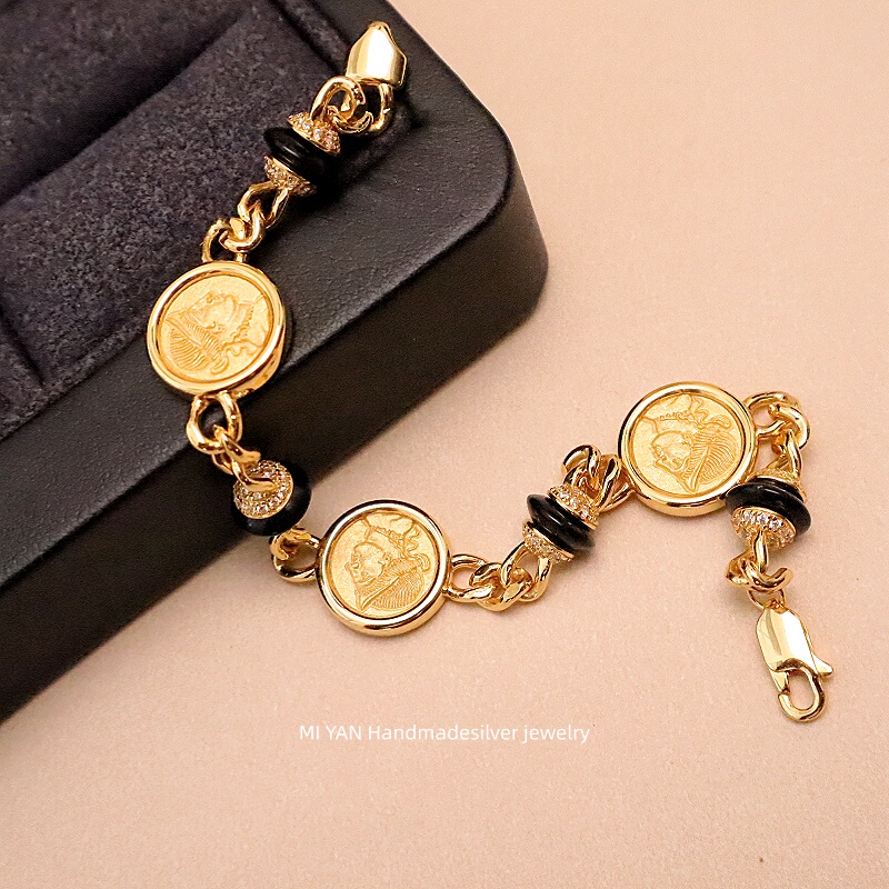 Miyan Venus Black Onyx Ancient Coin Bracelet Retro Portrait European and American Style Palace Style Diamond-Encrusted Silver Gold-Plated Bracelet for Women