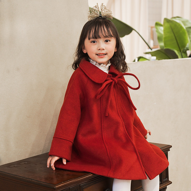 Girls autumn and winter coat birthday clothes woolen top girl baby spring and autumn Korean version children's red woolen coat