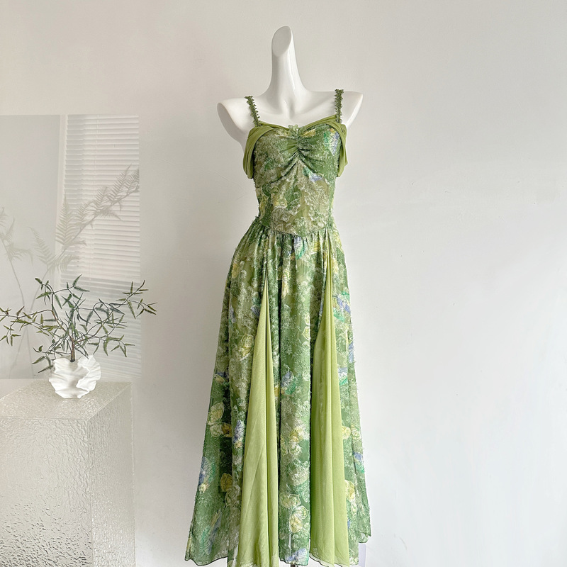 French Retro Heavy-Duty High-End Suspender Dress for Women, New Summer Green Printed Sleeveless Casual Elegant Long Dress