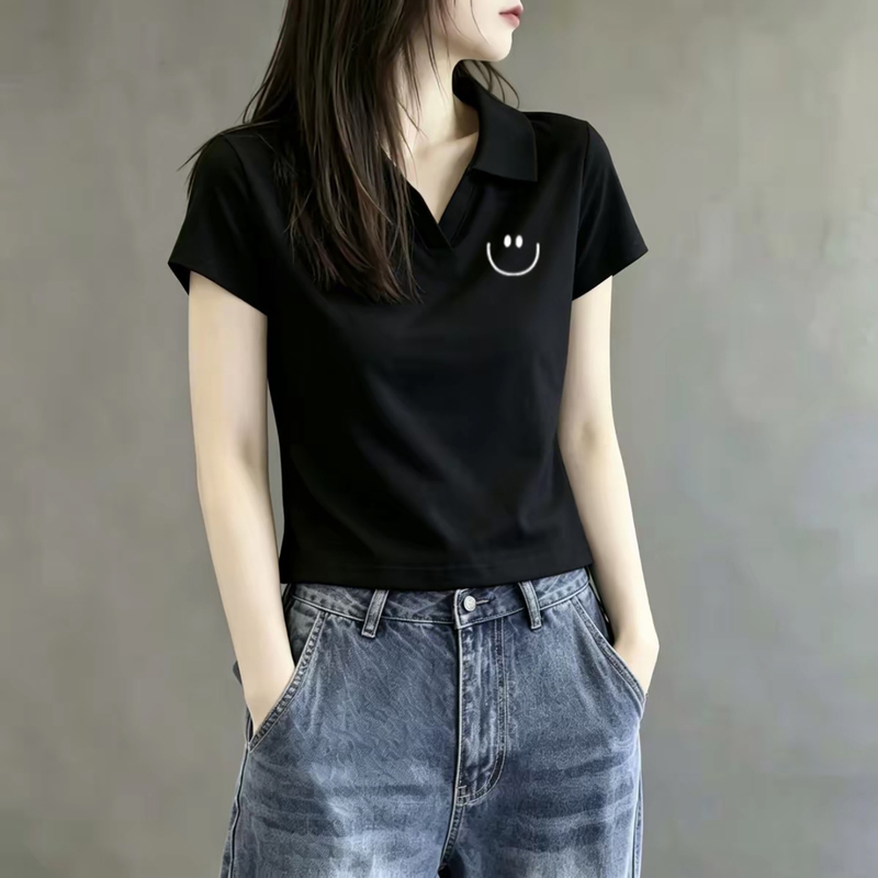 Black Lapel Short-Sleeved T-Shirt for Women, Summer 2026 New Style, Regular Shoulder, Versatile, Simple, Casual Polo Shirt, Short Top Black Lapel Short-Sleeved T-Shirt for Women, Summer 2026 New Style, Regular Shoulder, Versatile, Simple, Casual Polo Shirt, Short Top
