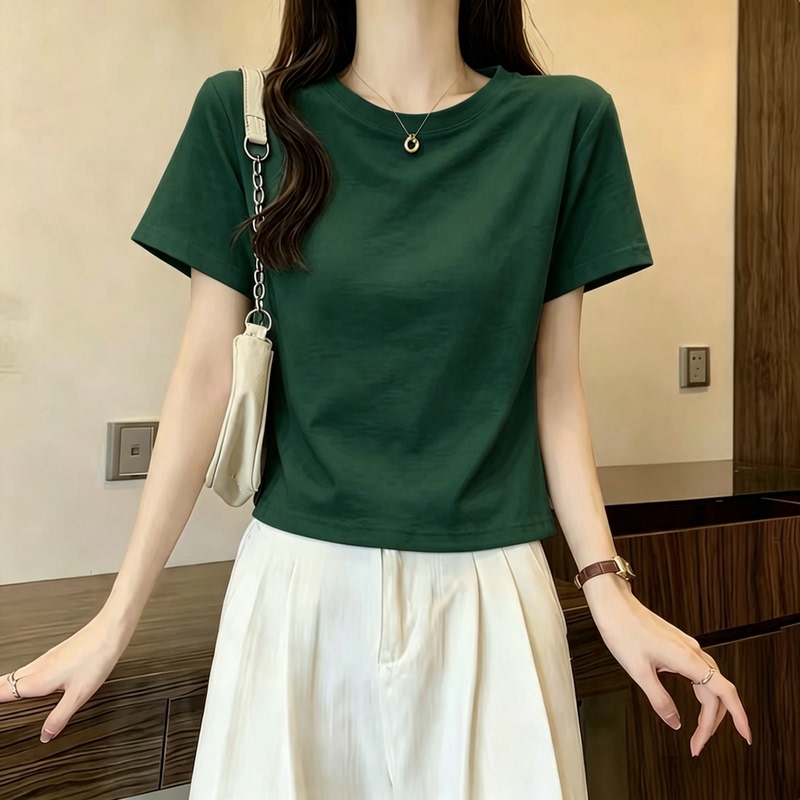 Short Dark Green Round Neck Short-Sleeved T-Shirt for Women 2026 Summer Slim Fit Simple Slimming Versatile Base Shirt Top Ins
