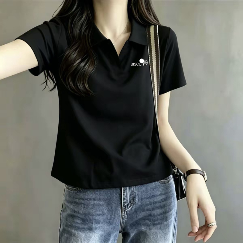 Casual Polo Collar Black Short-Sleeved T-Shirt for Women 2026 Summer New Style Lapel Slimming and Age-Reducing Versatile Top ins