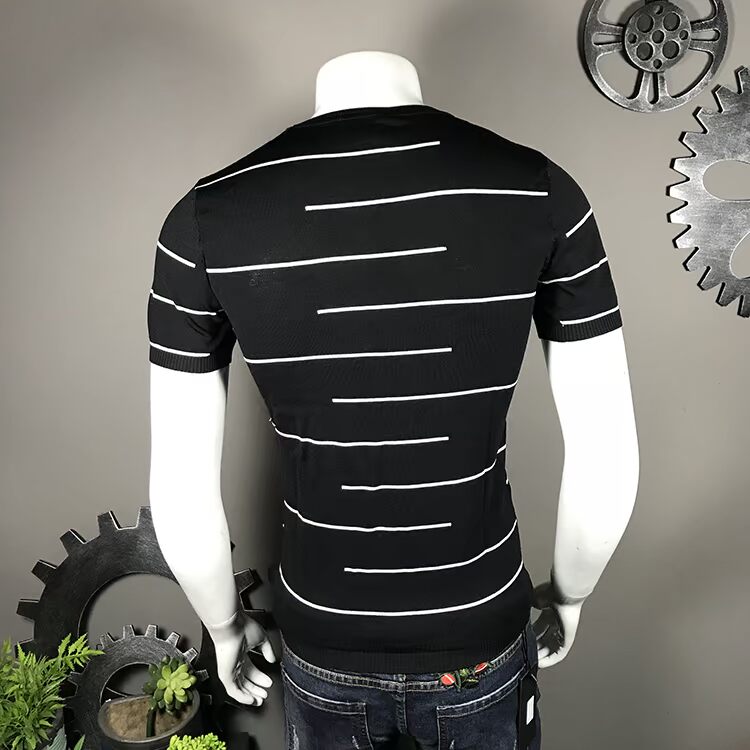 Mùa hè vòng cổ ngắn tay áo thanh niên băng lụa sọc t-shirt nam knit đáy áo sơ mi áo len Hàn Quốc quần áo nam triều