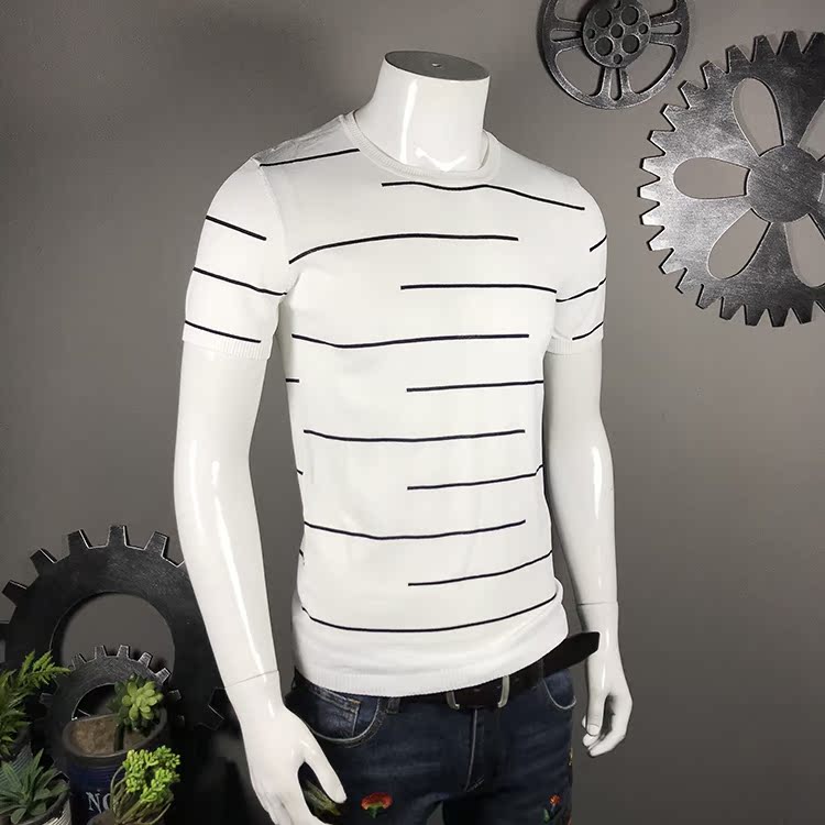 Mùa hè vòng cổ ngắn tay áo thanh niên băng lụa sọc t-shirt nam knit đáy áo sơ mi áo len Hàn Quốc quần áo nam triều