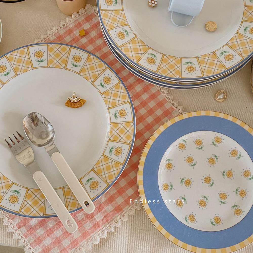 ES) Korean style ins French vintage small flower plate Ceramic plate Breakfast gourmet Western plate 8 inch vintage