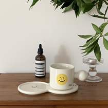  ES) Korean ins Smiley face mug Cute round ball handle Ceramic cup Coffee cup Saucer One person breakfast cup