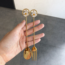 ES) Summer Daisy stainless steel golden fork spoon Fork ins Wind dessert spoon cake spoon coffee mixing spoon
