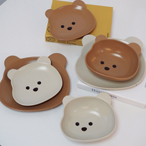  ES) Korean ins bear head bowl Cute cartoon ceramic rice bowl Salad bowl Breakfast plate Net red childrens tableware