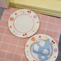  ES) French plant flower girl heart dinner plate Hand-painted cherry plate Home ceramic flower heart plate Breakfast plate
